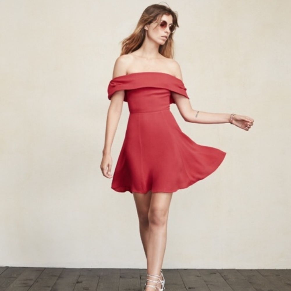 Reformation red off the shoulder dress